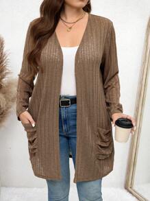 SHEIN LUNE Plus Size Solid Color Long Sleeve Cardigan With Pockets, Minimalist Casual Outerwear Plus Size Fall Clothes - Coffee Brown - View 3