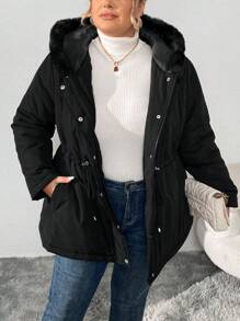 SHEIN CURVE+ Plus Size Women's Fluffy Hooded Padded Coat, For Winter - Black - View 5