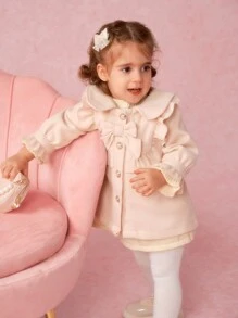 SHEIN Baby Girls' Stand Collar Bowknot Decor Long Woolen Coat For Formal Occasions In Fall And Winter - Apricot - View 8