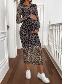 SHEIN Maternity Round Neck Long Sleeve Leopard Print Hollow Out Simple Long Casual Dress