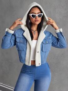 SHEIN EZwear Women's Autumn/Winter Contrast Color Long Sleeve Hooded Short Denim Jacket With PocketsThermal Thickened Denim - Blue - View 3
