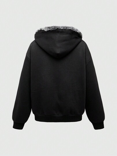 Grunge Punk Y2K Streetwear Casual Spider Slogan Print Patchwork Fluffy Collar Loose Double Zipper Front Sweatshirt, Plus Size
