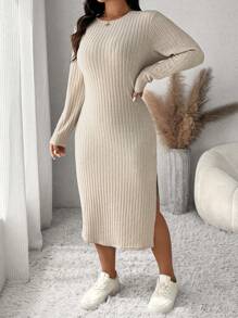 SHEIN Frenchy Plus Size Casual Solid Color Side Slit Fitted Dress, Autumn/Winter - Apricot - View 6