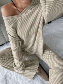 Flirla 2 件套女式休闲条纹上衣和裤子，毛绒面料 - 彩色 - 查看 5