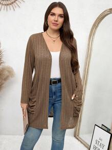 SHEIN LUNE Plus Size Solid Color Long Sleeve Cardigan With Pockets, Minimalist Casual Outerwear Plus Size Fall Clothes - Coffee Brown - View 5