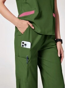 TaskEZ Bộ đồng phục quần áo sơ mi và quần tây tối giản chắp vá tay ngắn màu trơn - xanh quân đội - Xem 6