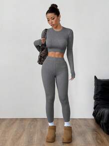 Flirla 2pcs Women Solid Color Crew Neck Long Sleeve Cropped Fitted Sweater And Long Pants Casual Set, Autumn/Winter - Grey - View 5