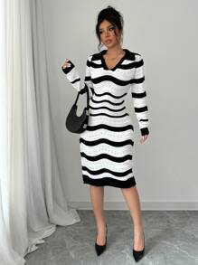 Elenzga فستان كنزة بأكمام طويلة مريح للاستخدام اليومي ذو طباعة مخطط - الأسود - مشاهدة 7