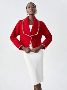 Chiquease Women's Fashion Elegant Contrast Color Ruffle Hem Short Overcoat Fall Cloth For Women - Red - View 1