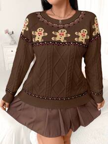 Flirla 加大码圣诞姜饼人图案针织圆领毛衣，秋冬针织套头衫 - 咖啡棕 - 查看 1