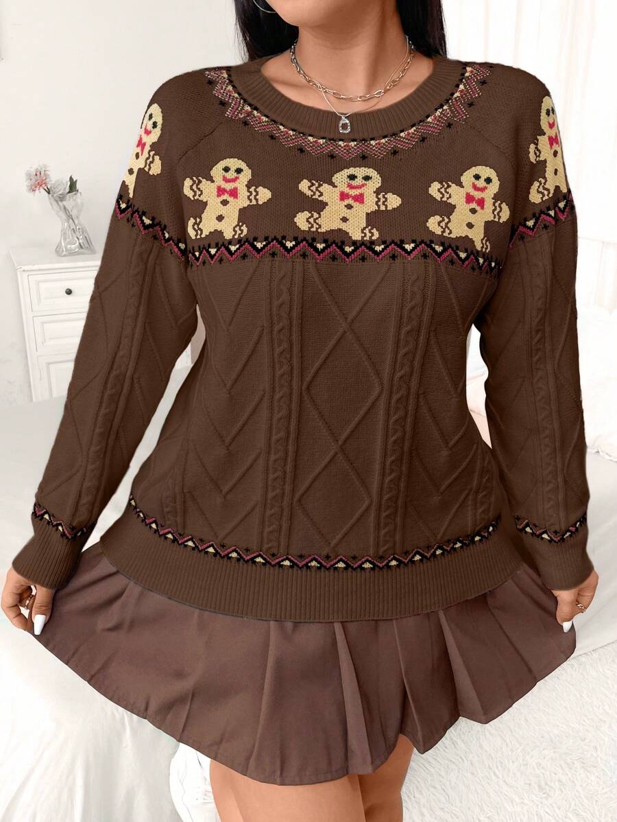 Flirla 加大码圣诞姜饼人图案针织圆领毛衣，秋冬针织套头衫 - 咖啡棕 - 查看 1