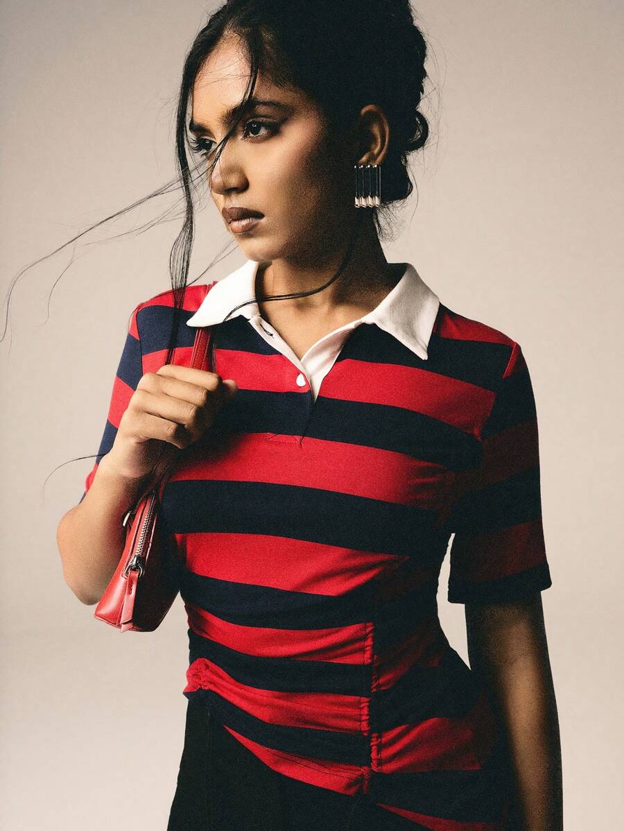 Athîral 女士撞色条纹印花 Polo 领休闲短袖 T 恤