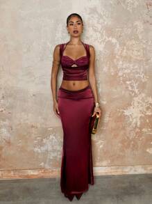 SHEIN BAE Bộ 2 món/bộ áo ba lỗ khoét hở lưng cho nữ và chân váy đuôi cá dài thêm - Màu Đỏ Sâu - Xem 1