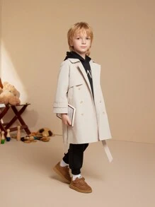 PrepCrw 年轻男孩学院风双排扣卡其色领风衣，长袖长款风衣，适合返校季、秋冬季 - 卡其色 - 查看 4