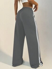 Flirla Women's Casual Versatile Contrast Color Striped Drawstring Straight Leg Sweatpants, Spring/Autumn Graduation,Back To School Outfits,Graduation,Teacher Outfits For Women,Back To School Fall Cloth For Women - Dark Grey - View 2