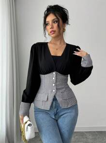 Elenzga Camicia elegante stile pendolare autunnale con vita a quadri - nero - Visualizzare 3