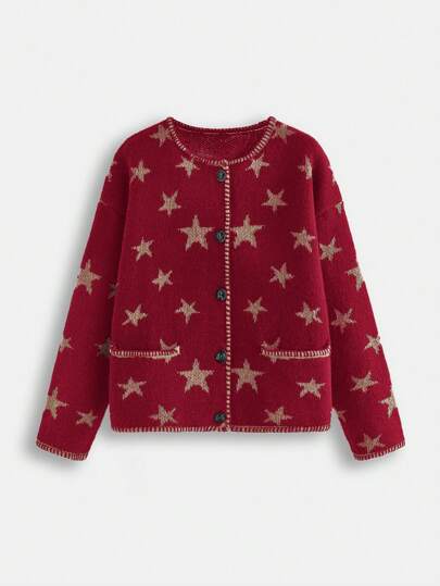 Hippie Autumn/Winter Casual Star Jacquard Double Pocket Button Front Cardigan