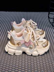 春秋季新款时尚女童儿童运动鞋，学生高帮厚底透气网眼休闲运动鞋 - 米色 - 查看 4