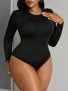 SHEIN PETITE CURVE Plus Fall Simple Solid Slim Fit Tee Bodysuit - Black - View 5