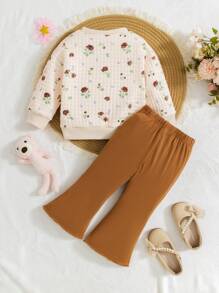 Baby Girls Soft Plaid Floral & Butterfly Print Outfit With Comfortable Flare Pants, Lovely Set For Early Autumn Transition Season - Brown - View 2