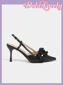 Dola Lovely 女士高跟鞋，纯粉色蕾丝蝴蝶结尖头露跟平底鞋，四季凉鞋 - 黑色 - 查看 8