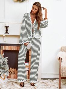 SHEIN VCAY Set de 2 piezas de mujer con top de raya y cinta de onda contrastante con nudo adelante y pantalón recto holgado, para primavera y otoño
