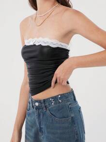 Muchica Áo ống ren tương phản và da giả co giãn gợi cảm mùa thu/đông - màu đen - Xem 5