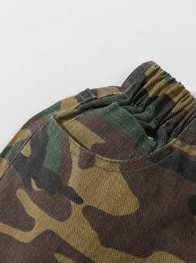 SHEIN Tween Boy Spring Autumn Street Cool Kids Super Bow Wear Contrast Camouflage Multi Pocket Jogger Cargo Jeans, With Comfy Drawstring Waist