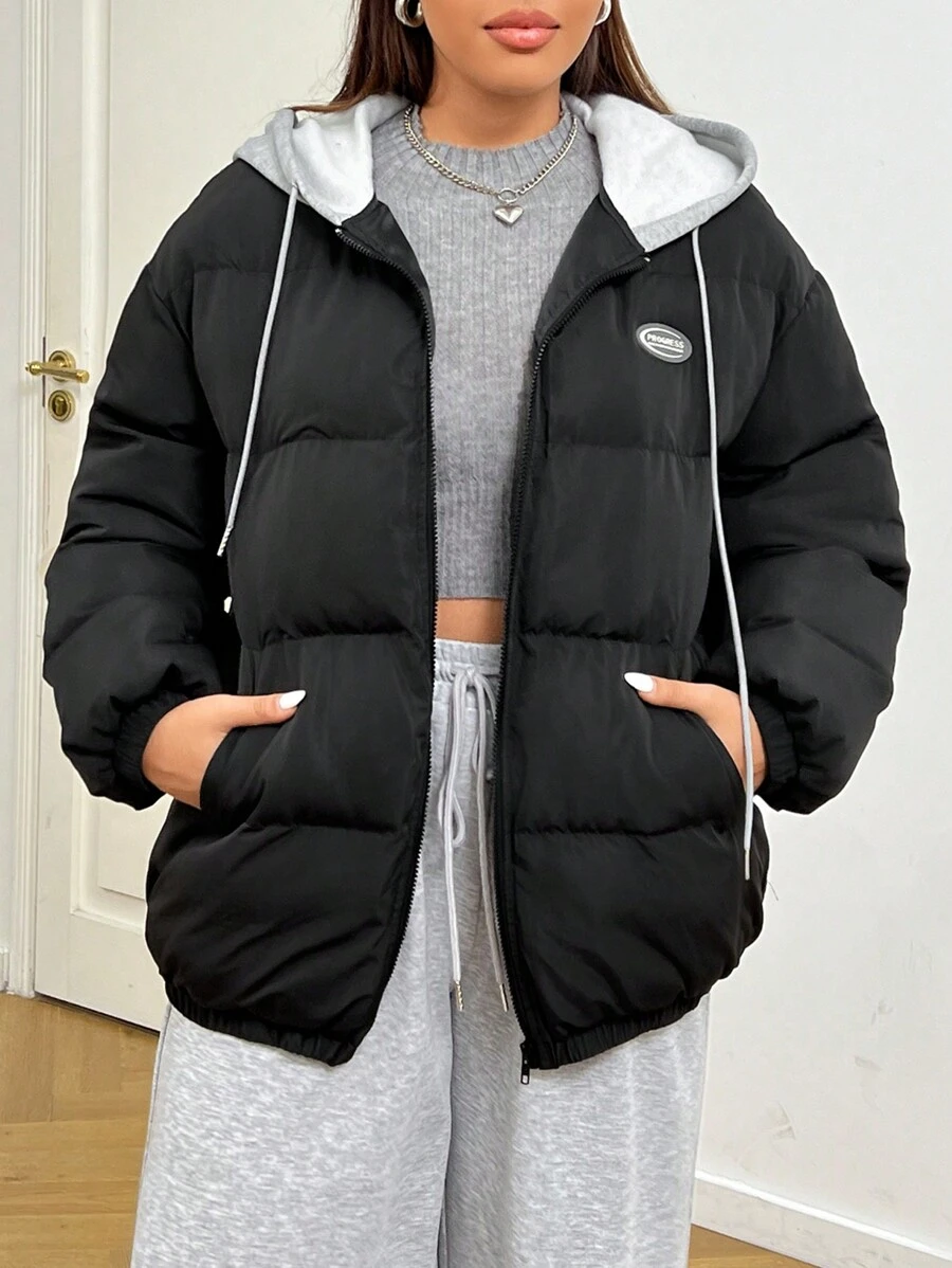 SHEIN EZwear Plus Size Women Casual Letter Decor Zipper Front Draw String Contrast Color Hooded Padded Coat, Winter