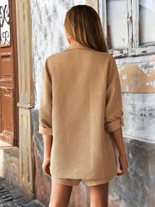 SHEIN VCAY Women's Long Sleeve Buttoned Shirt,Ruffle Waistband Corduroy Shorts,Autumn Camel Casual Everyday Outfit,Minimalist Office Old Money Fall Clothing Sets - Apricot - View 2