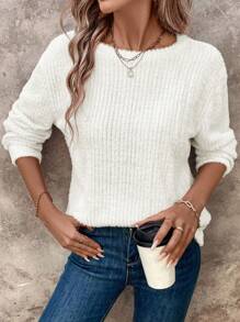 SHEIN LUNE Women's Solid Color Stand Collar Ribbed Basic Casual T-Shirt - White - View 6