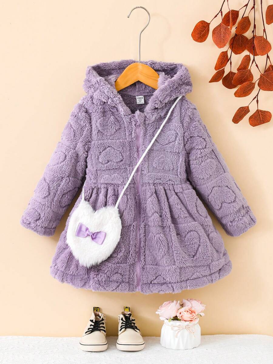 SHEIN 年轻女孩纯色心形图案拉链连帽羊毛夹克 - 紫色 - 查看 1