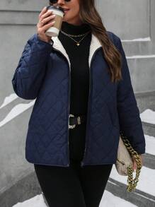 SHEIN LUNE Plus Size Plain Zip Up Front Long Sleeve Casual Jacket, Everyday Wear, For Winter Clothes - Navy Blue - View 1
