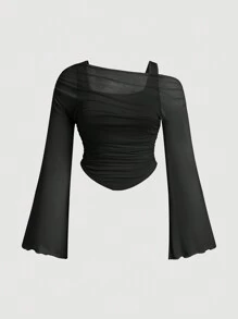 SHEIN MOD Camiseta de manga larga transparente de malla asimétrica para mujer de talla grande, top negro de fiesta de malla transparente