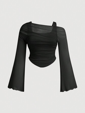 SHEIN MOD Plus Size Women's Asymmetric See-Through Mesh Knit T-Shirt Black Mesh Topsheer Long Sleeve Topblack Party Top
