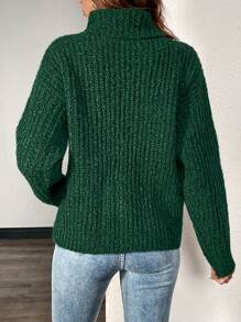 Chiquease 女士简约宽松落肩高领加厚保暖套头毛衣，针织套头衫，秋冬款 - 綠色 - 查看 2