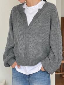 DAZY 1 pieza Suéter suelto de mujer de unicolor con patrón de cable, de cuello en V, de manga larga, ropa de otoño - Gris Oscuro - Ver 11