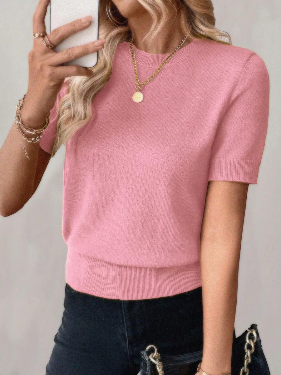 EMERY ROSE 女士纯色圆领短袖休闲针织上衣 - 粉色 - 查看 1