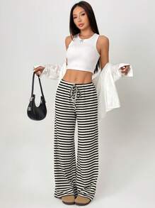 SHEIN PETITE Calça Casual Feminina Listrada com Amarração na Frente