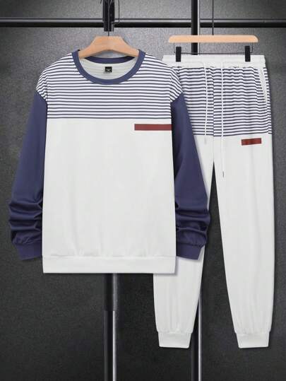 Manfinity Homme 2pcs Plus Size Men's Striped Print Crew Neck Long Sleeve Sweatshirt And Drawstring Sweatpants Set, Casual,Men Tracksuit