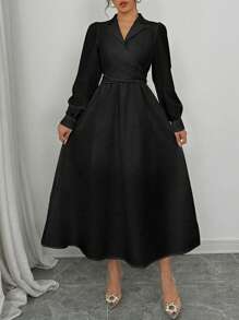 Elenzga Đầm Maxi Thời Trang Thanh Lịch Cho Nữ Đi Làm Thường Ngày Tay Dài Cổ Bẻ Nơ Chéo Màu Trơn - màu đen - Xem 5