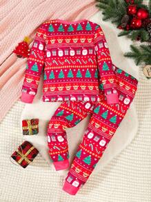 Bộ đồ ngủ 2 món họa tiết cây thông Noel và hươu cho bé gái - Đỏ - Xem 2