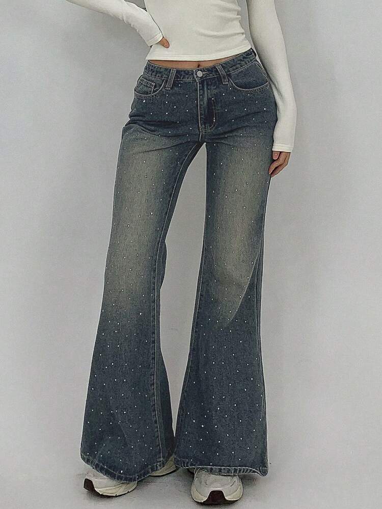 Women's Rhinestone Embellished Pockets Flared Jeans Low Rise Jeans