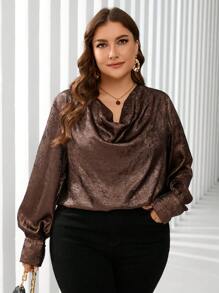 大码优雅低胸天鹅绒衬衫，适合秋季日常休闲穿着 - 棕色 - 查看 8