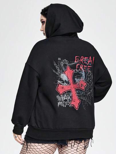 Plus Size Cross & Letter Print Rhinestone Decor Hooded Sweatshirt, Casual Style Autumn/Winter