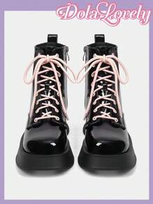 Dola Lovely Black Platform Boots Women Short Booties Ins British Style 2024 Autumn Winter New Mid-Calf Boots Flight Attendant Slim Boots Boots Ladies Ankle Boots For Christmas And New Year Holiday