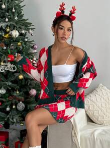 SHEIN Unity Women Christmas Warm & Cozy Plaid Pattern Loose Cardigan & Plaid Mini Sweater Skirt, 2 Pieces Set, Winter Clothes - Red - View 5