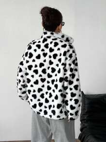 SHEIN Unity Heart Pattern Zip-Up Dropped Shoulder Loose Fuzzy Casual Jacket, Autumn/Winter Fall Cloth For Women - White - View 2