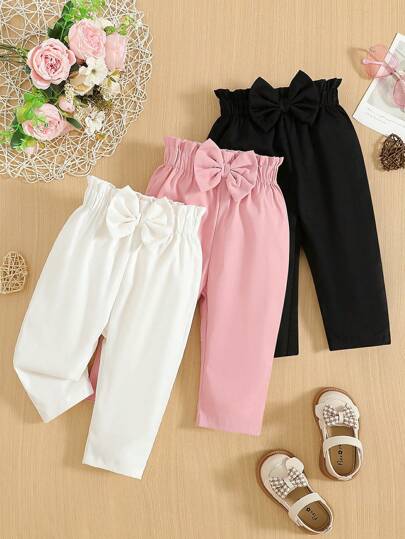 SHEIN Vintaside Kids 3 件套女婴纯色蝴蝶结装饰直筒裤，适合日常外出，春秋季节