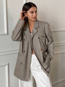 DAZY Women's Herringbone Double Breasted Lapel Collar Loose Long Sleeve Pocket Blazer, Fall Women Clothes Business Attire - Brown - View 1